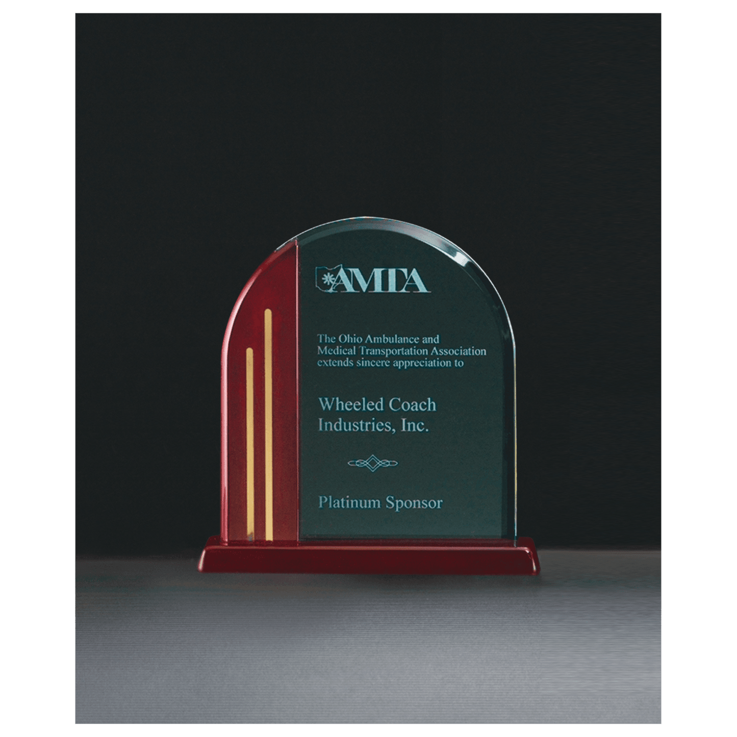 7 1/2" x 7 7/8" Arch Series Jade Acrylic Award with Rosewood Piano Finish Base and Gold Accents