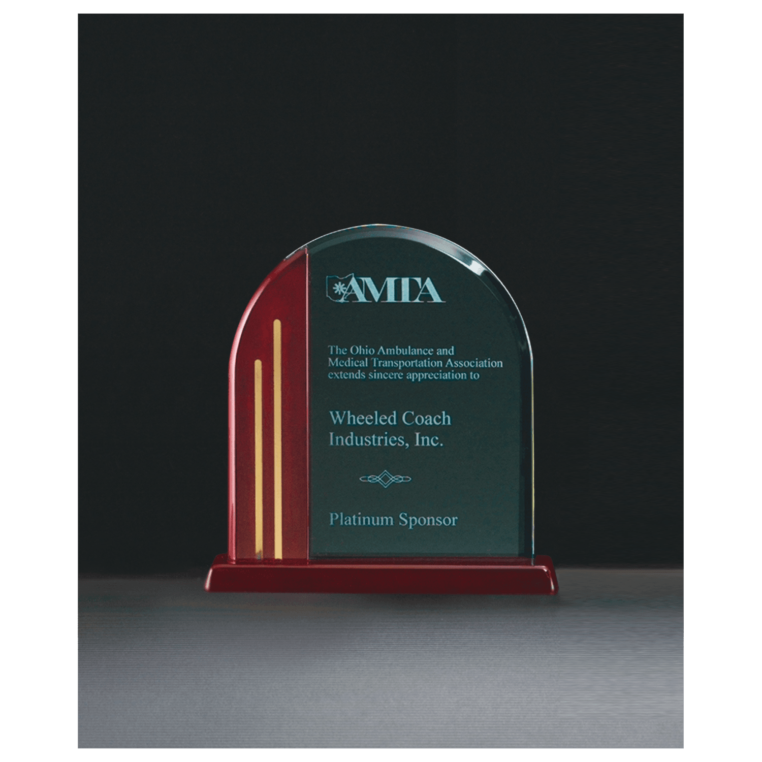 7 1/2" x 7 7/8" Arch Series Jade Acrylic Award with Rosewood Piano Finish Base and Gold Accents