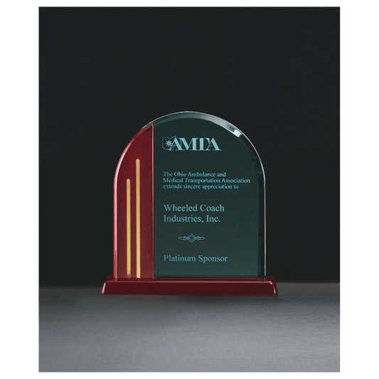 7 1/2" x 7 7/8" Arch Series Jade Acrylic Award with Rosewood Piano Finish Base and Gold Accents