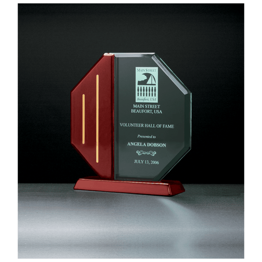Octagon Series Jade Acrylic Award with Rosewood Piano Finish Base and Gold Metal Accents, 7 1/8" x 7 1/2"