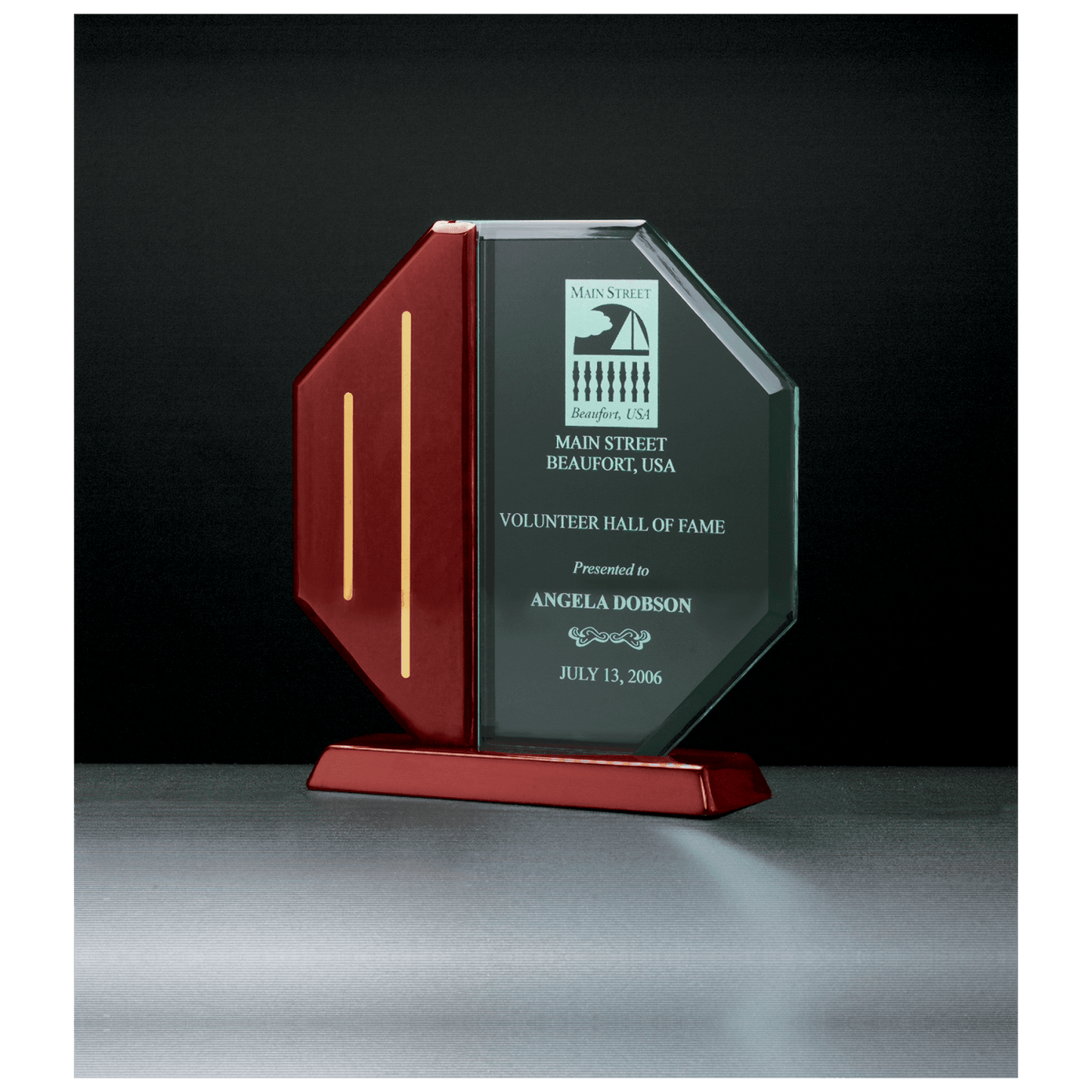 Octagon Series Jade Acrylic Award with Rosewood Piano Finish Base and Gold Metal Accents, 9 1/4" x 9 5/8"