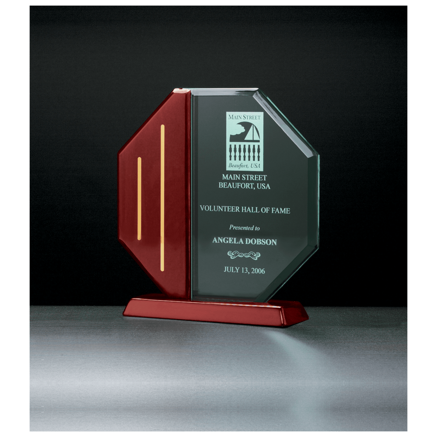 Octagon Series Jade Acrylic Award with Rosewood Piano Finish Base and Gold Metal Accents, 9 1/4" x 9 5/8"