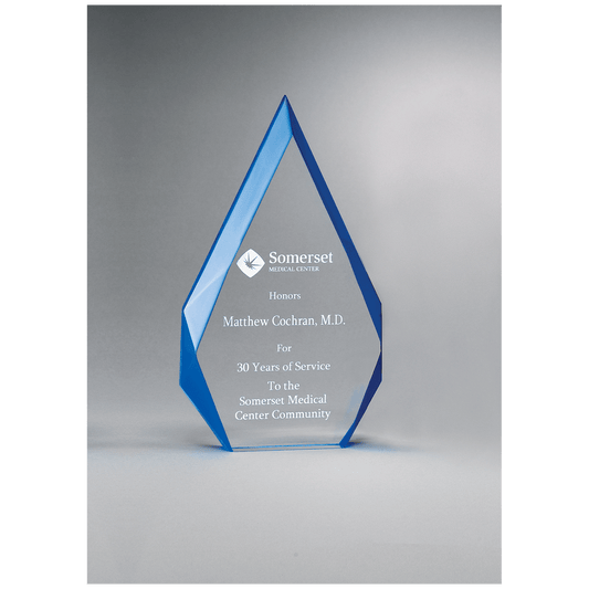 Flame Series clear acrylic award with blue accents, 4¼ x 7⅞ inches, engraved