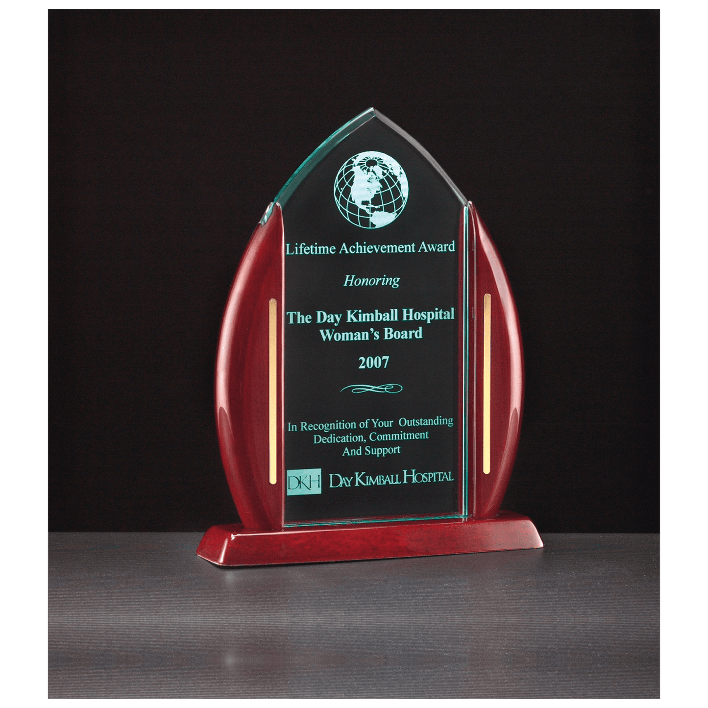 7 1/2" x 9 5/8" Flame Jade Acrylic Award with Rosewood Piano Finish Base and Gold Accents