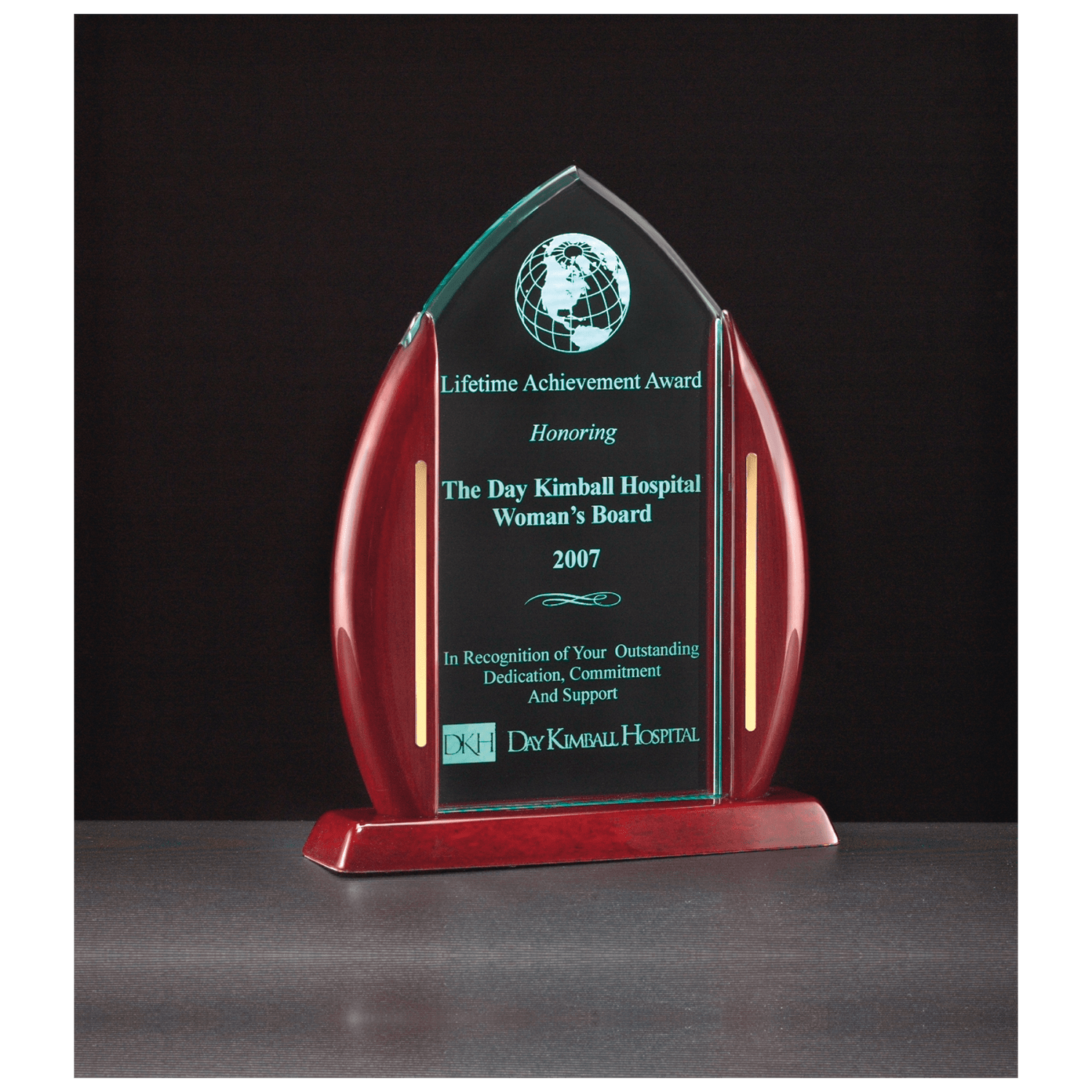 7 1/2" x 9 5/8" Flame Jade Acrylic Award with Rosewood Piano Finish Base and Gold Accents