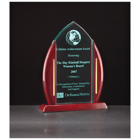 7 1/2" x 9 5/8" Flame Jade Acrylic Award with Rosewood Piano Finish Base and Gold Accents