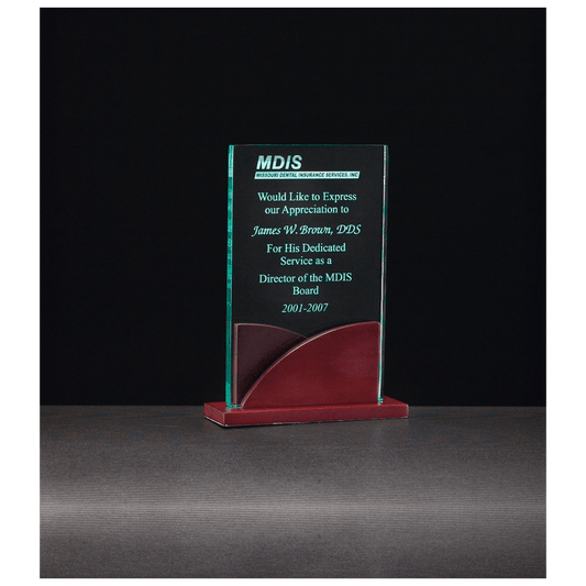 Premium Series jade acrylic award on mahogany-finish base, 4⅞ x 6½ inches, engraved