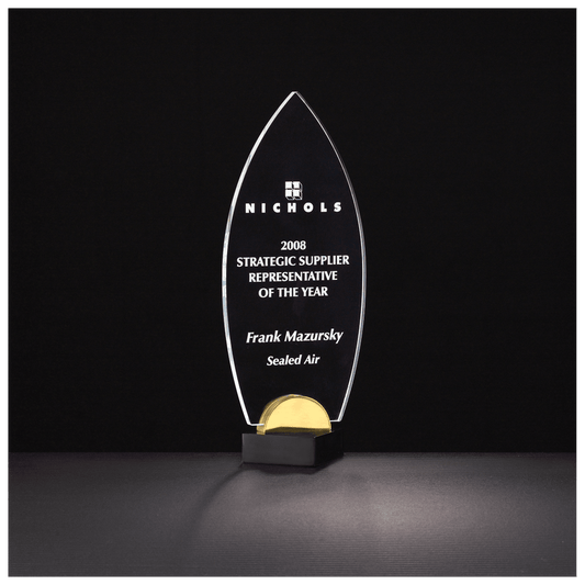 Flame Series clear acrylic award on black and gold metal base, 4 x 9¾ inches, engraved
