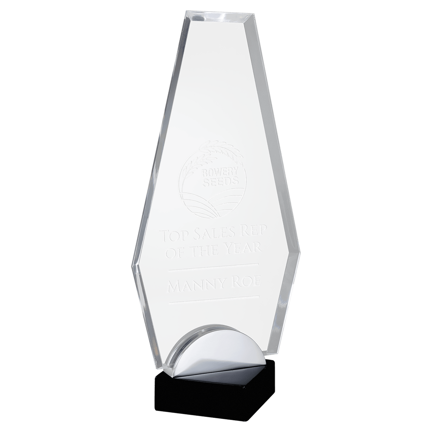 Flame Series clear acrylic award on black and silver metal base, 4½ x 7¾ inches, engraved