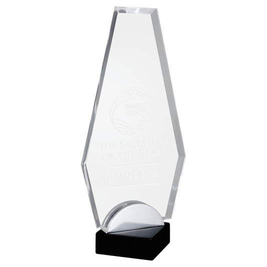 Flame Series clear acrylic award on black and silver metal base, 4½ x 7¾ inches, engraved