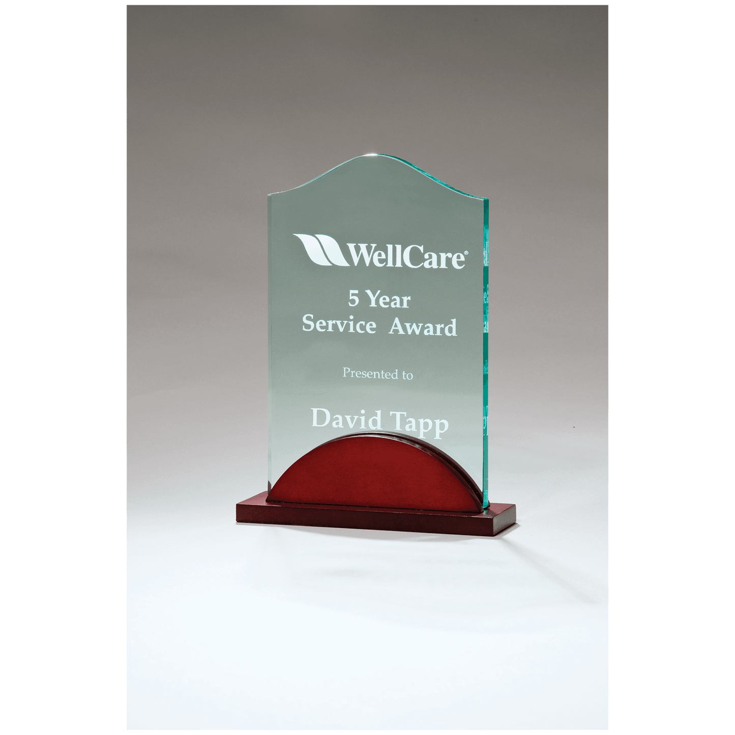 Tidal Series jade acrylic award on mahogany-finish base, 4⅞ x 6¾ inches, engraved