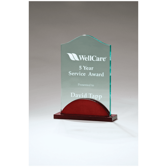 Tidal Series jade acrylic award on mahogany-finish base, 4⅞ x 6¾ inches, engraved