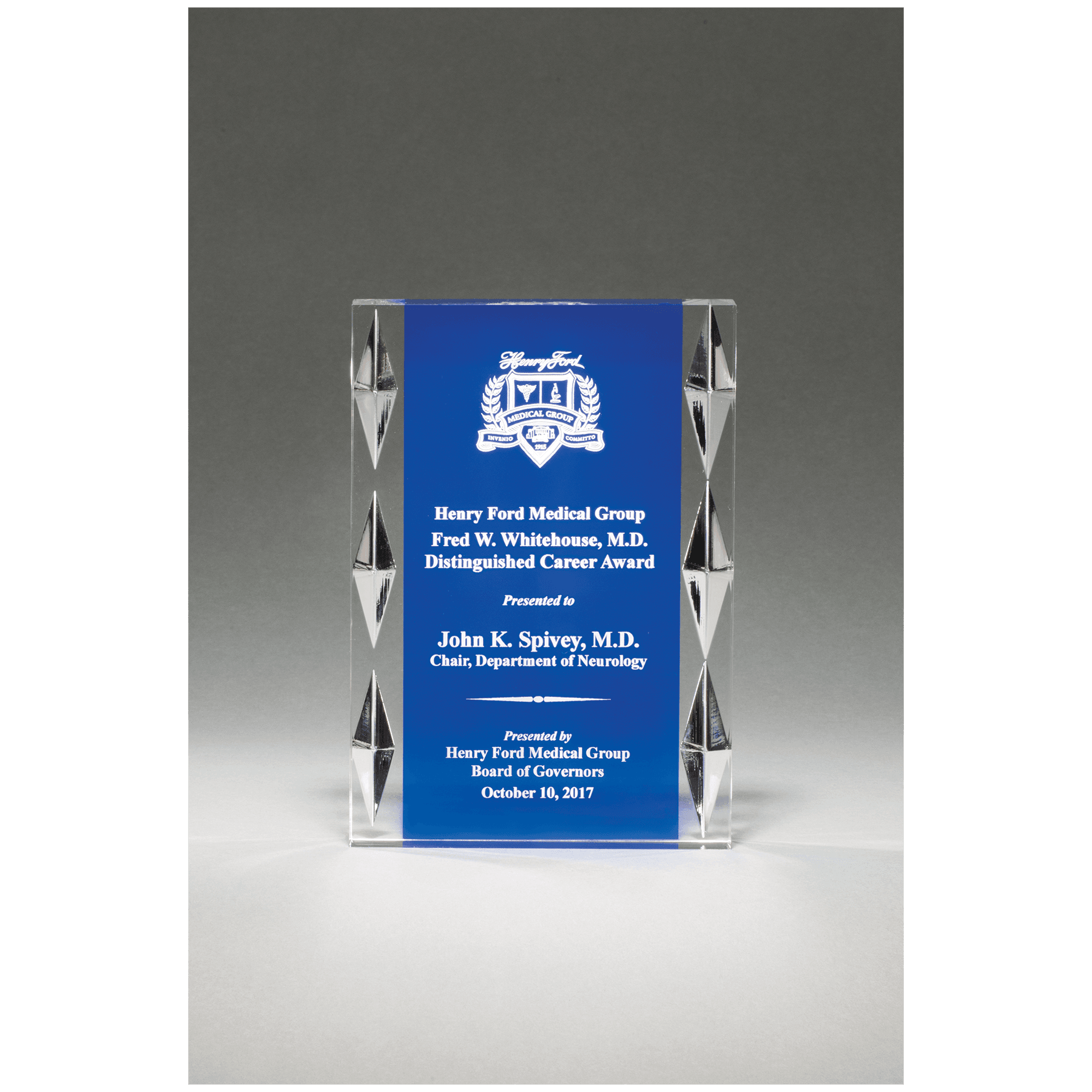 Blue background acrylic award with jewel accents, 4 x 6 inches, engraved