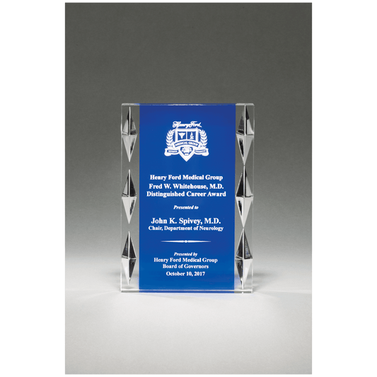 Blue background acrylic award with jewel accents, 4 x 6 inches, engraved