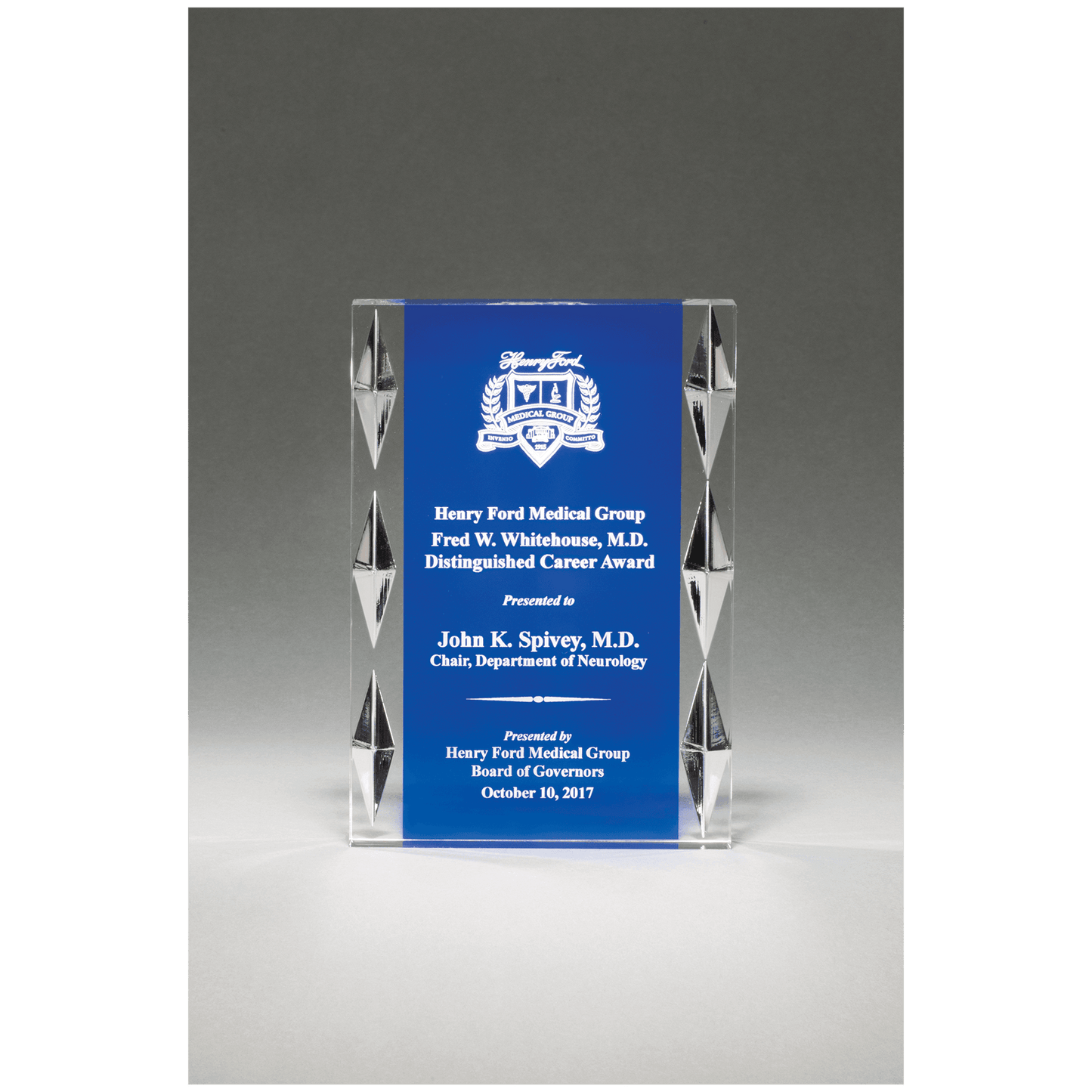 Blue background acrylic award with jewel accents, 5 x 7 inches, engraved