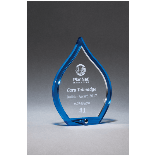 Blue flame acrylic award with clear pop-out center and silver post, 4½ x 6¼ inches, engraved