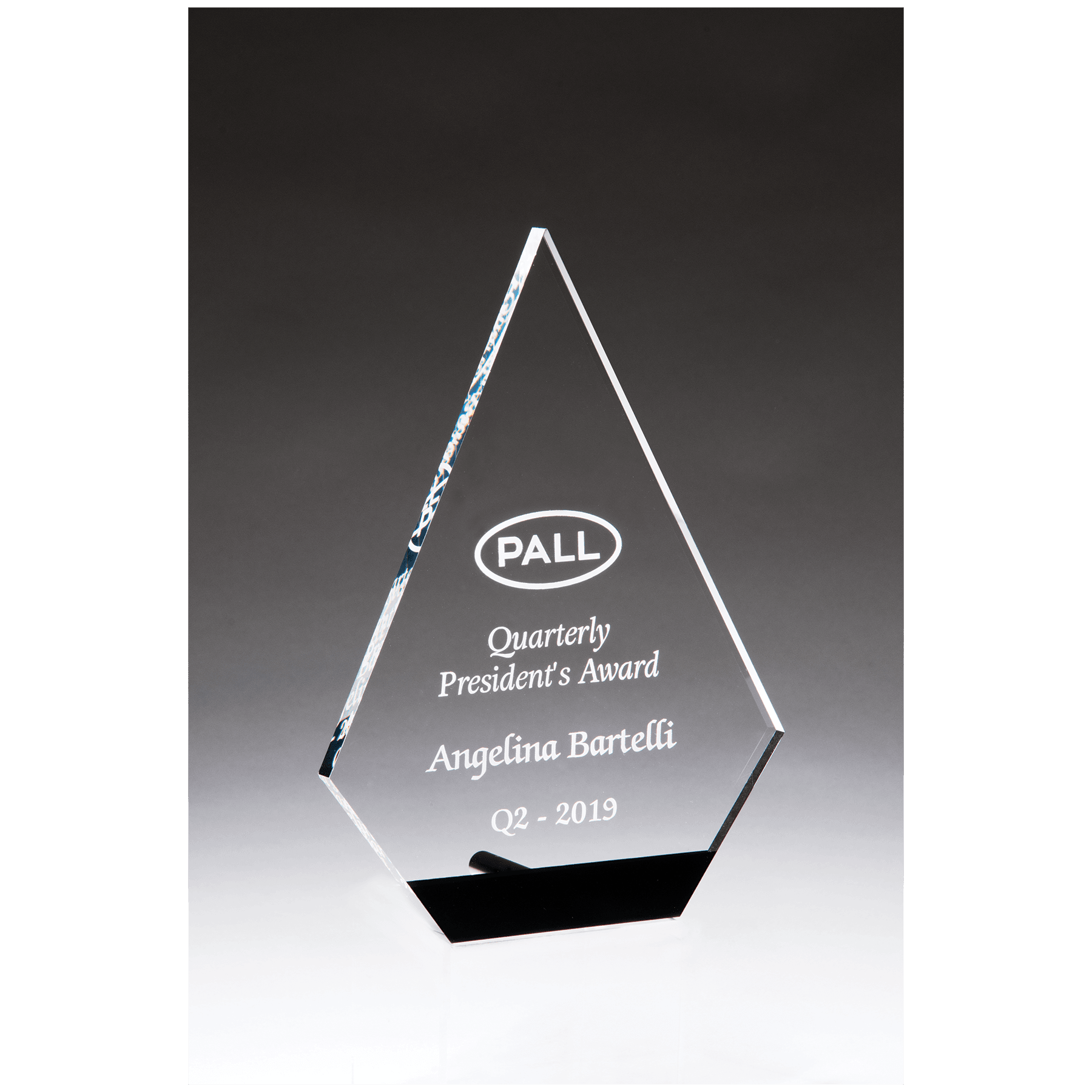Diamond Series clear acrylic award with black accent and silver post, 5 x 7 inches, engraved