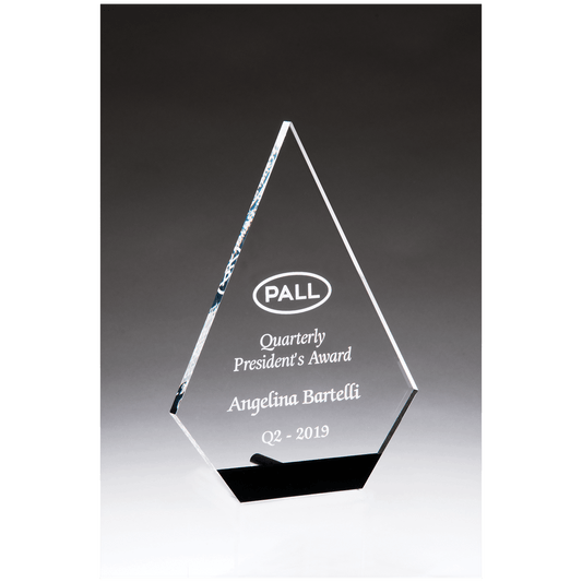 Diamond Series clear acrylic award with black accent and silver post, 5 x 7 inches, engraved