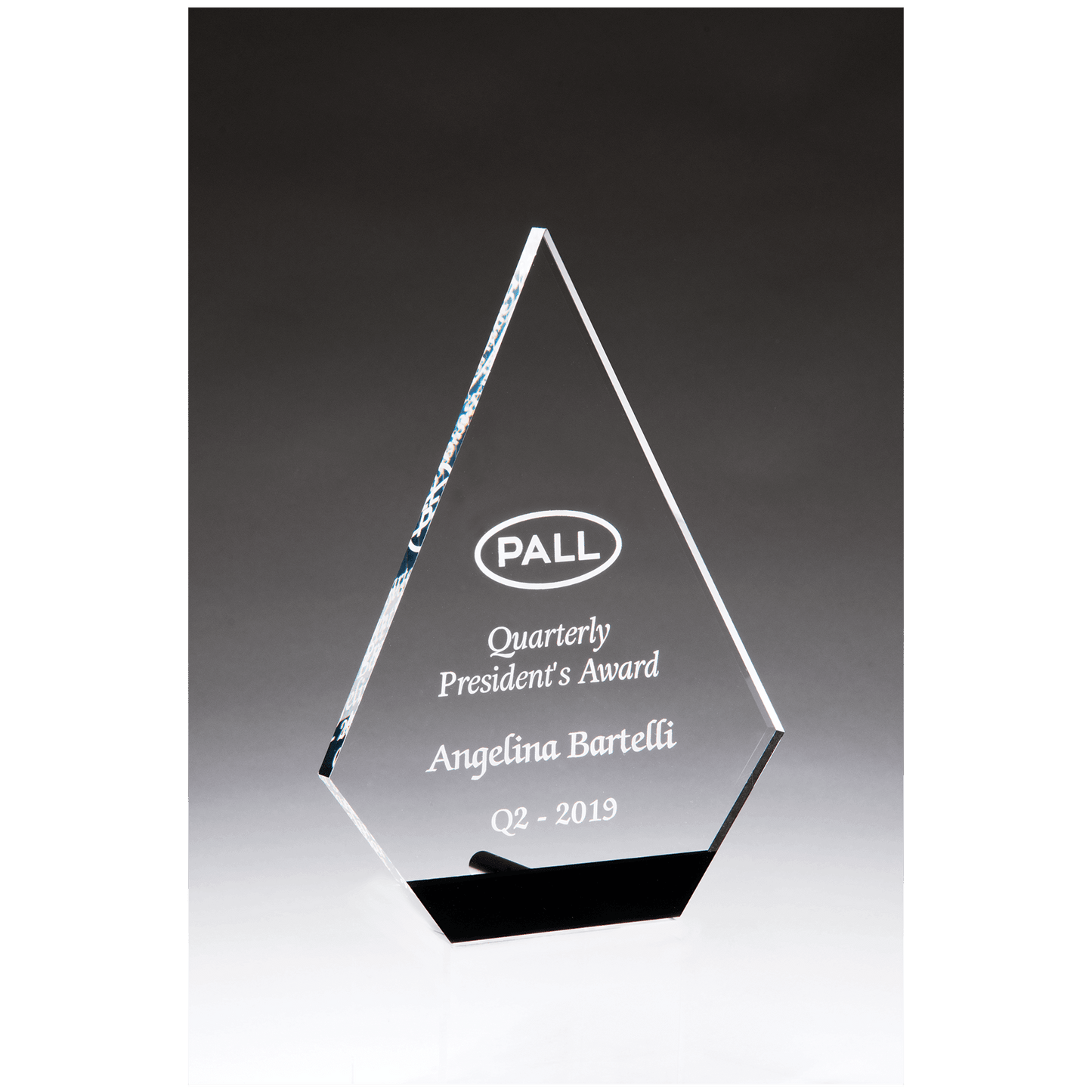 Diamond Series clear acrylic award with black accent and silver post, 6½ x 9 inches, engraved