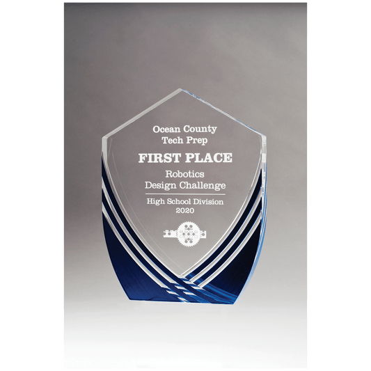 Shield Series clear acrylic award with blue accent, 5¾ x 7½ inches, engraved