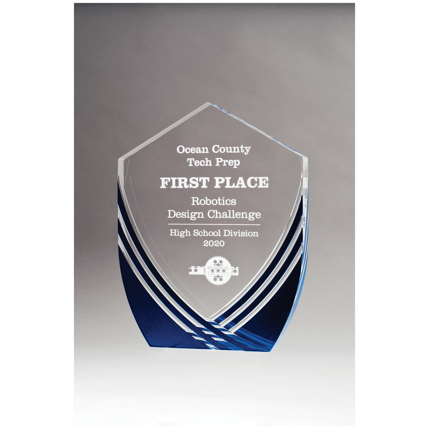 Shield Series clear acrylic award with blue accent, 7⅜ x 9½ inches, engraved