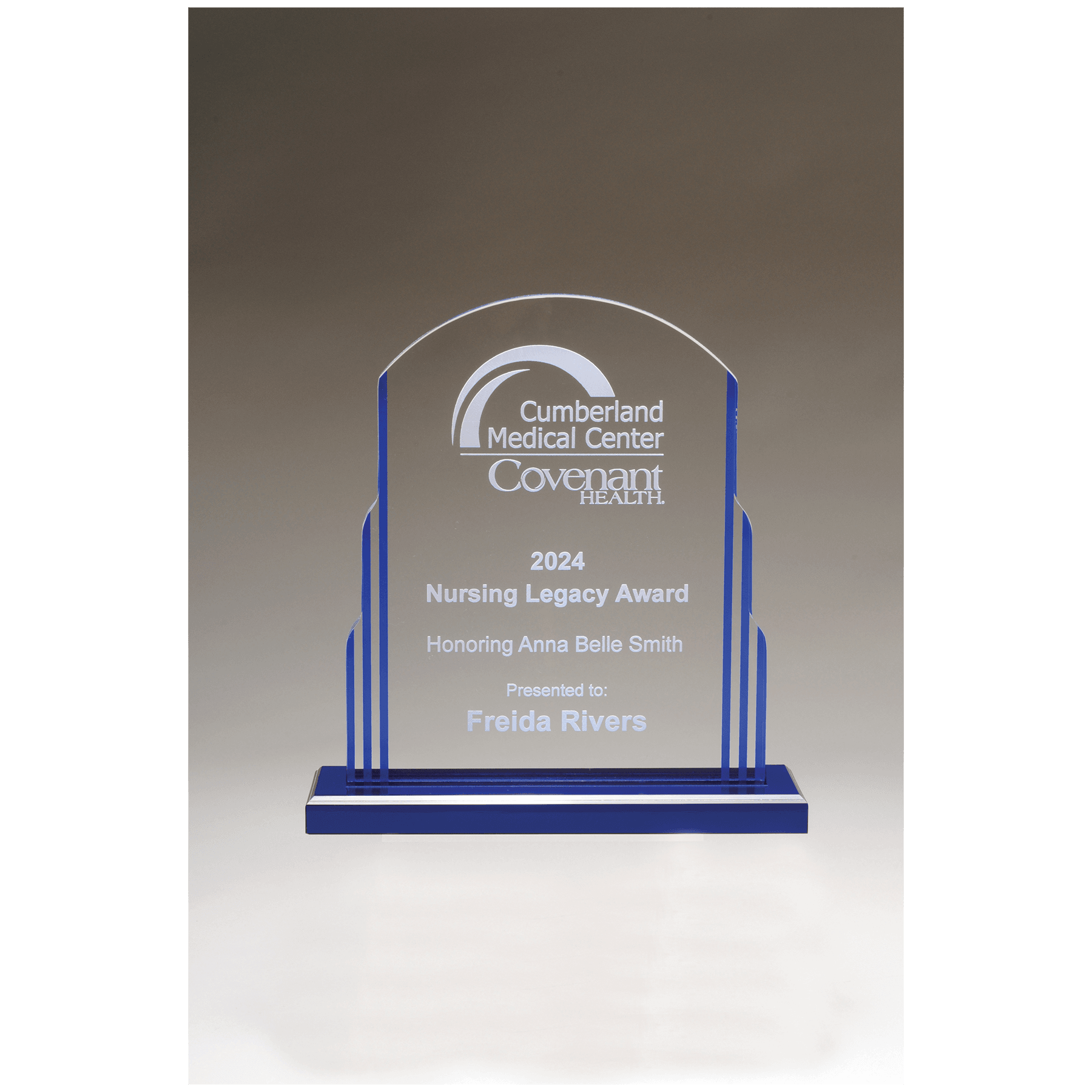 Art Deco Clear Acrylic Award with Blue Accents - 7" x 7 ½"