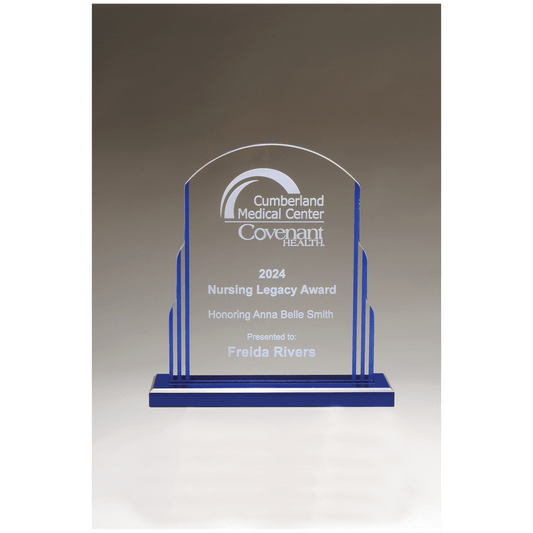 Art Deco Clear Acrylic Award with Blue Accents - 7" x 7 ½"