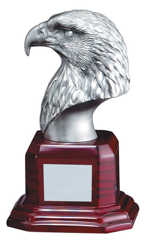 Silver-finish eagle head on a stepped rosewood base with engraving plate