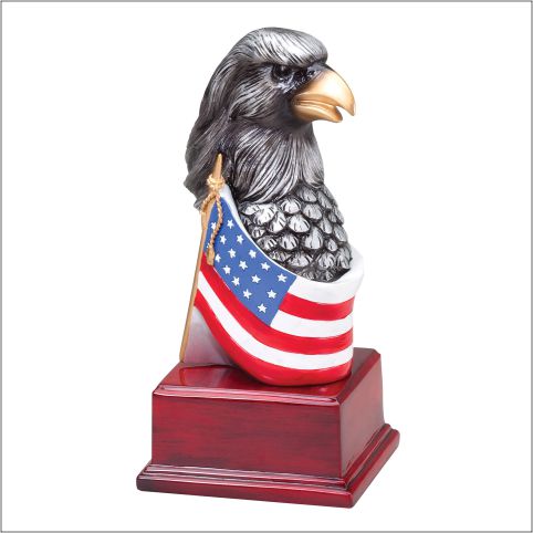 Hand-painted eagle head with red, white and blue American flag on a cherry base