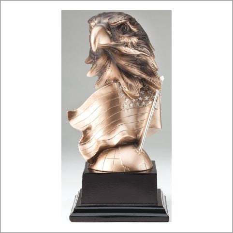 Sculpted resin eagle head award on an engraving base, 8¾" size