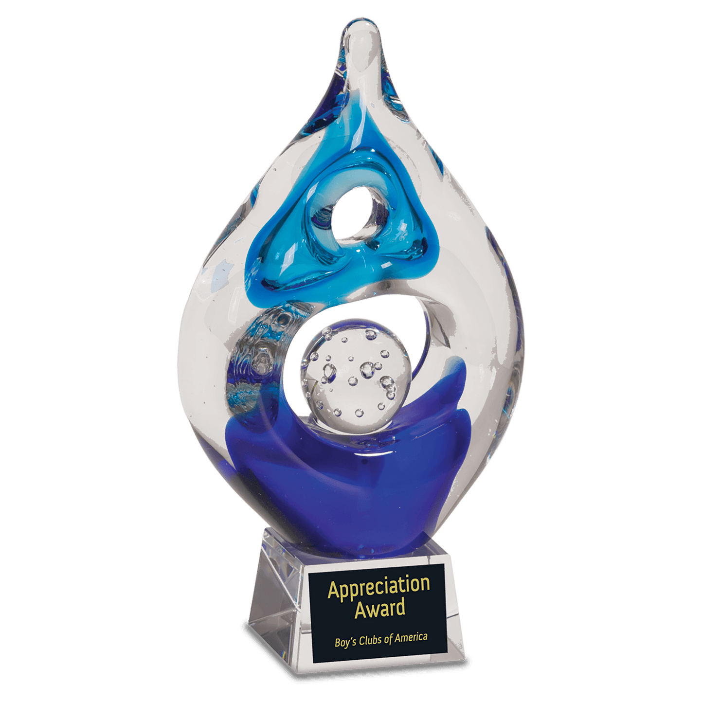 8 1/2 inch Winner Art Glass hand-blown award on a clear glass base