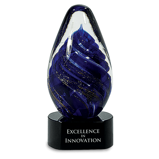 6 1/2" Blue Tear Drop Art Glass, hand-blown glass award