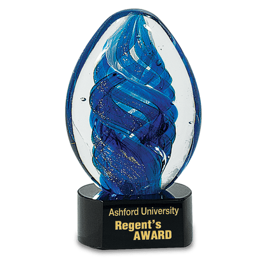 6" Blue Oval Swirl Art Glass, hand-blown glass award