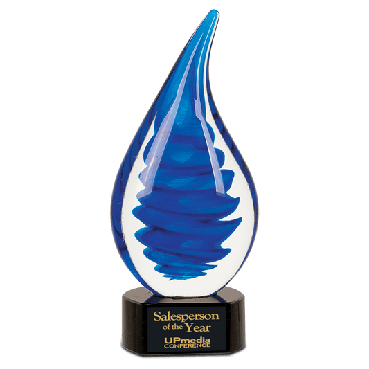 10 1/4" Blue Twist Raindrop Art Glass, hand-blown glass award