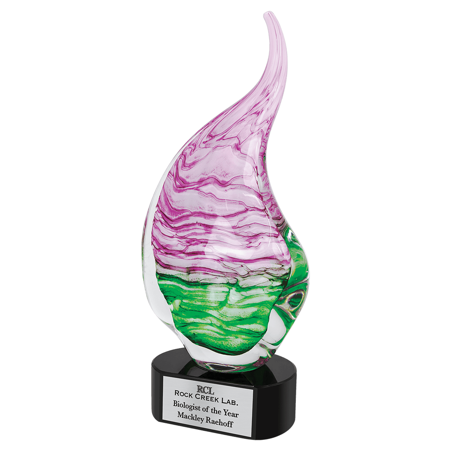 15 1/2" Pink & Green Art Glass, hand-blown glass award