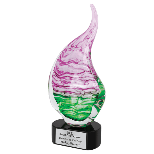 15 1/2" Pink & Green Art Glass, hand-blown glass award