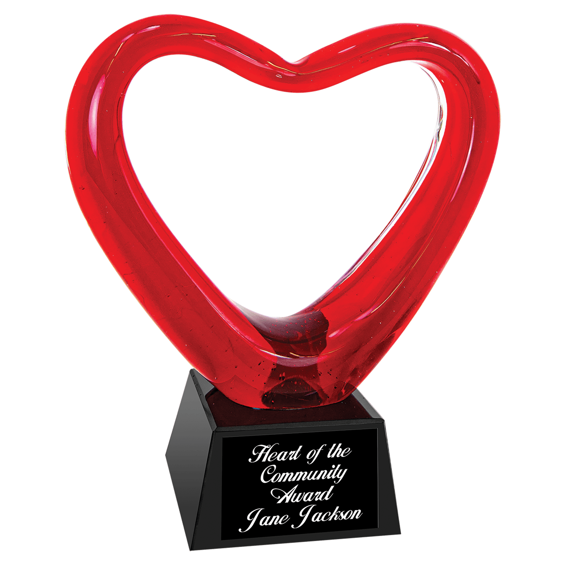 6 1/2 inch Red Heart Art Glass hand-blown award on a black glass base