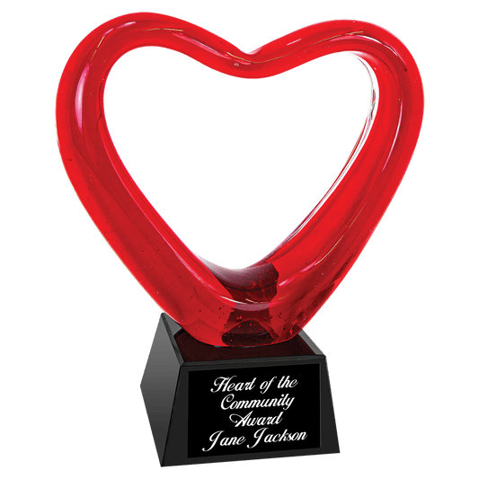 6 1/2 inch Red Heart Art Glass hand-blown award on a black glass base