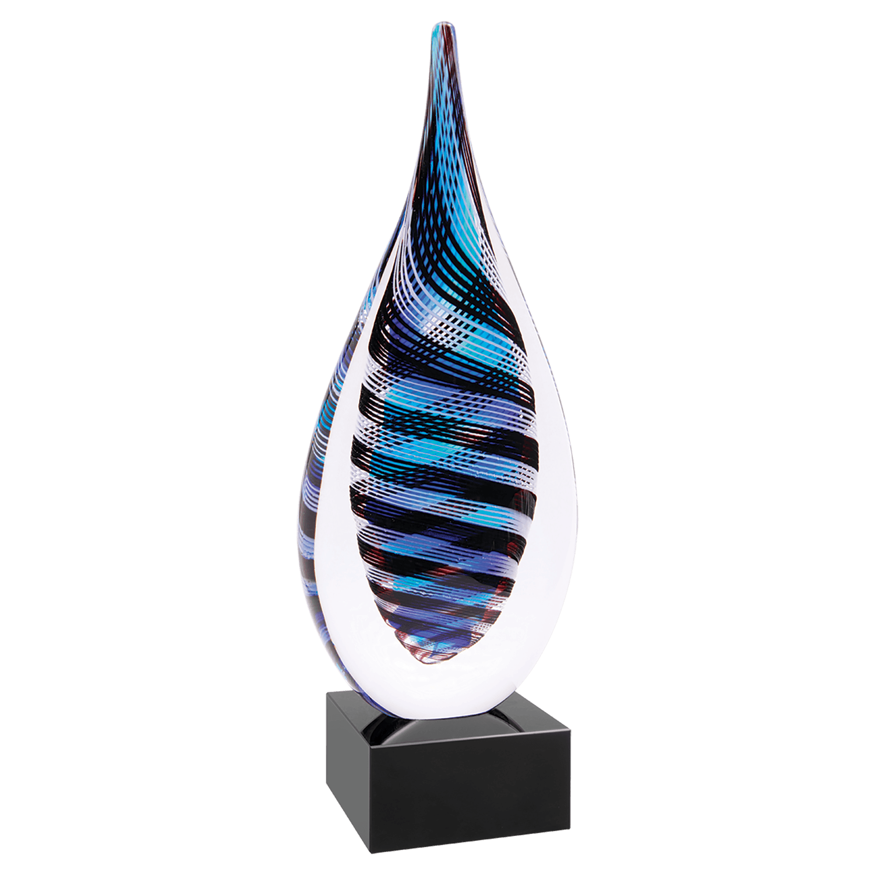 12" Blue, White & Black Twisted Rain Drop Art Glass, hand-blown glass award