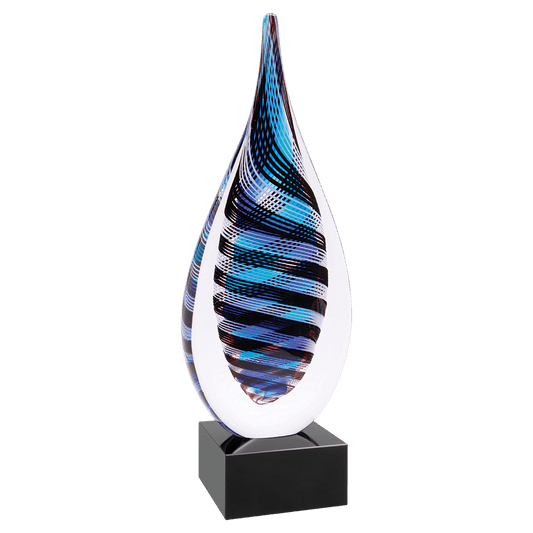 12" Blue, White & Black Twisted Rain Drop Art Glass, hand-blown glass award