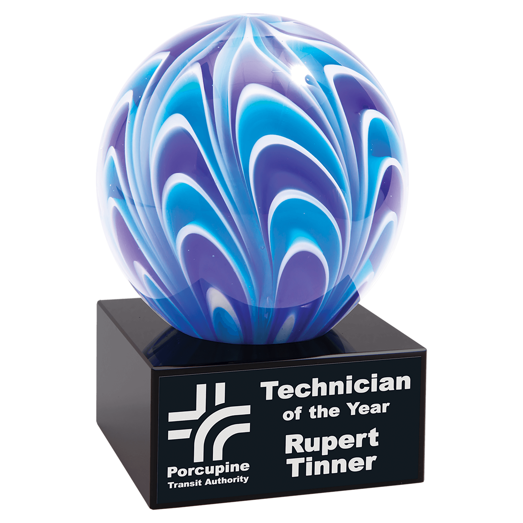 Blue & White Two-Tone Sphere Art Glass, hand-blown glass award