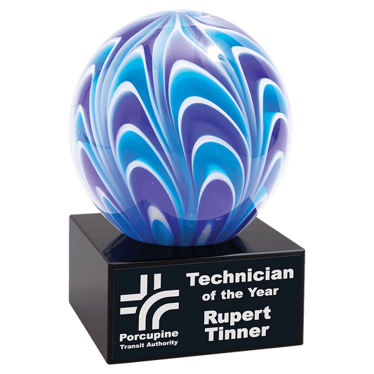 Blue & White Two-Tone Sphere Art Glass, hand-blown glass award