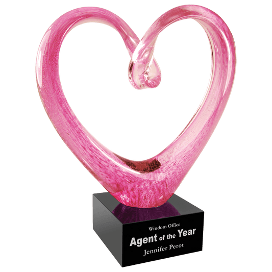 9" Pink Heart Art Glass, hand-blown glass award