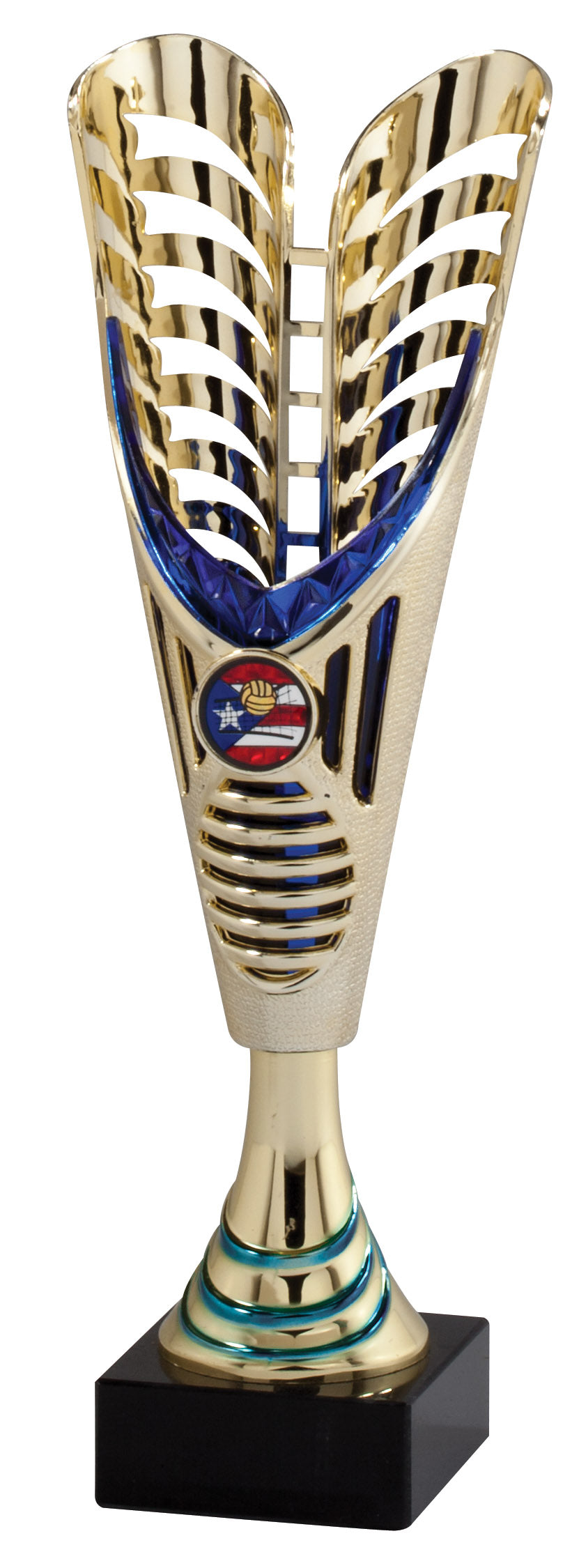Gold V-Wing cup trophy with blue accent, 12.25 inch