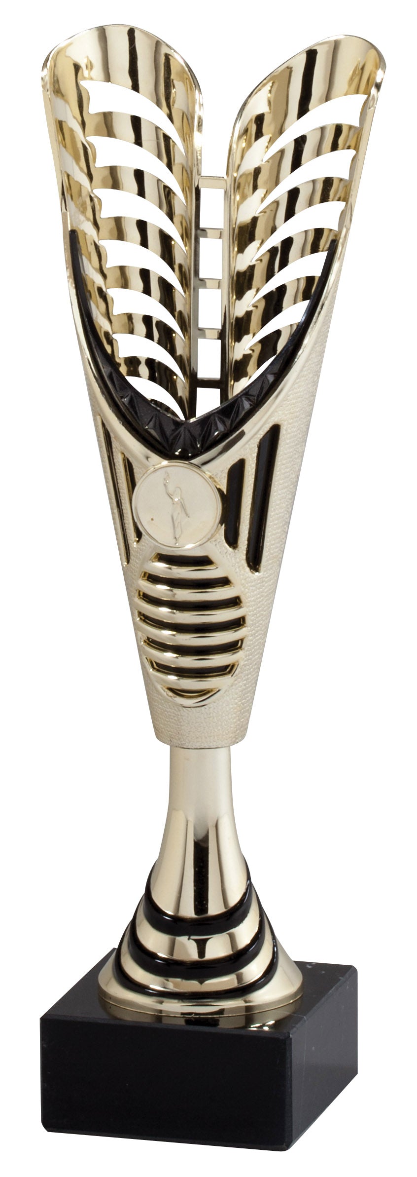 Gold V-Wing cup trophy with black accent, 13.25 inch