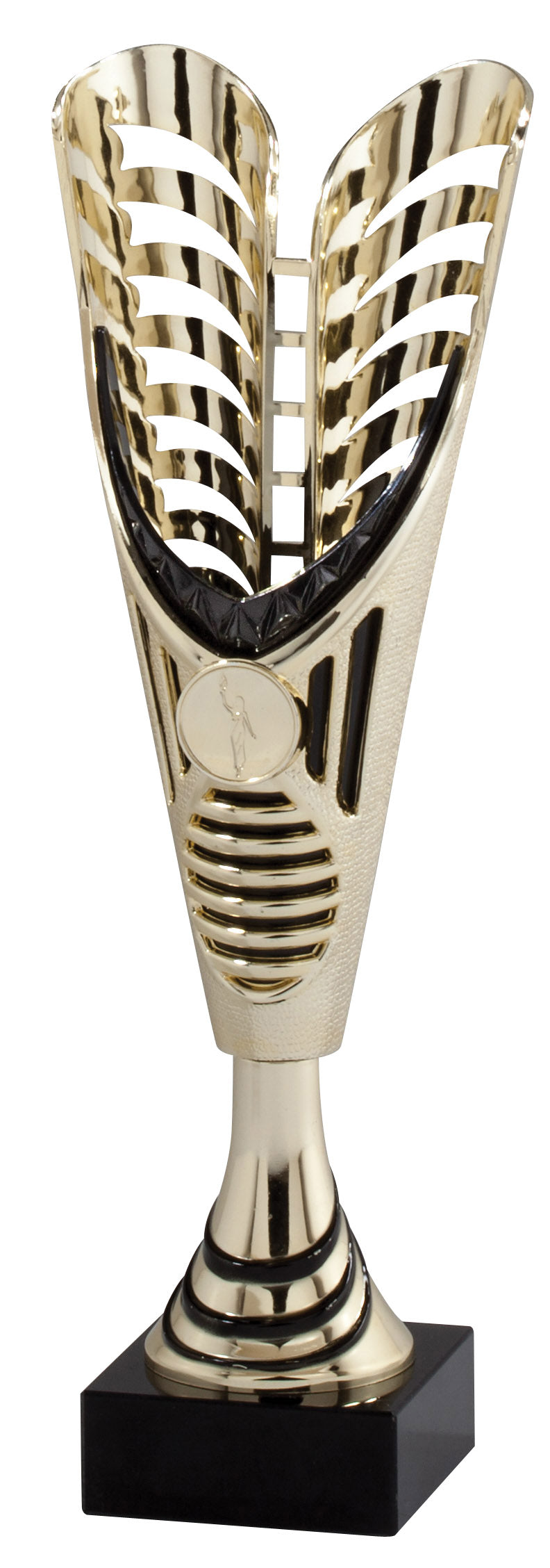 Gold V-Wing cup trophy with black accent, 12.25 inch
