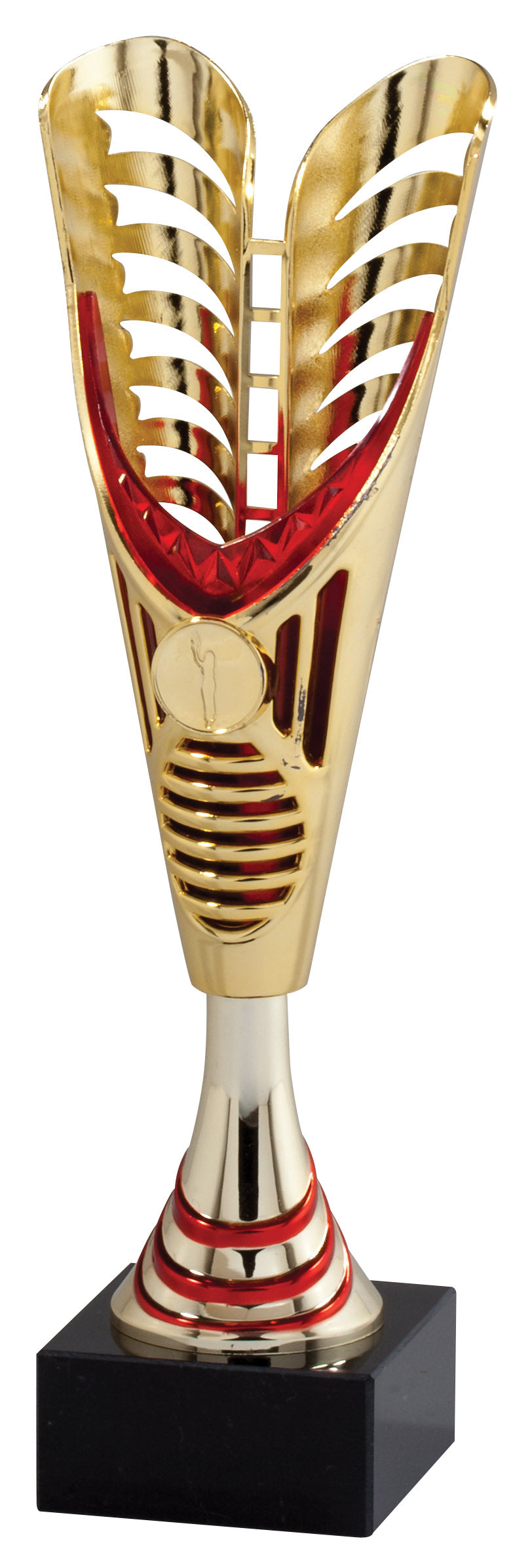 Gold V-Wing cup trophy with red accent, 13.25 inch