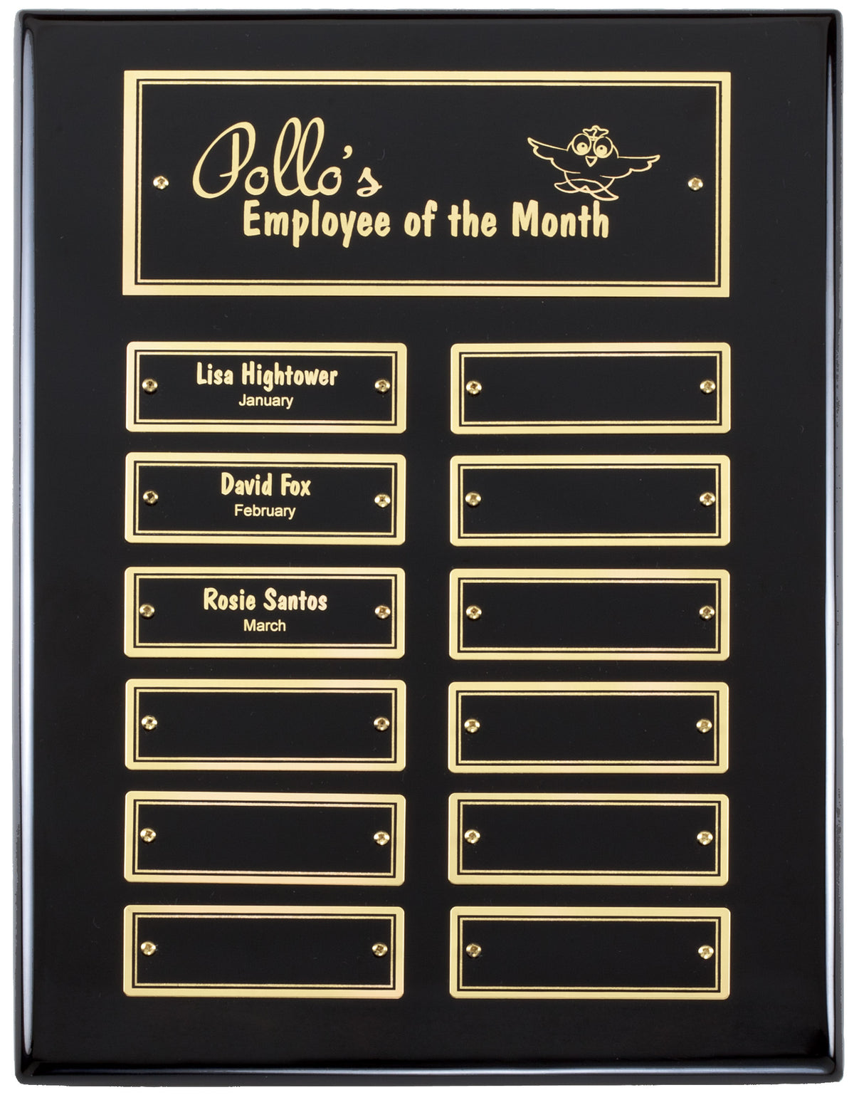 Ebony piano finish perpetual plaque with gold name plates – 9" x 12" (12 Plates)
