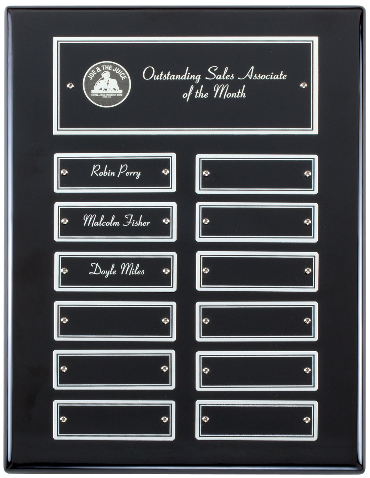 Ebony piano finish perpetual plaque with silver name plates – 9" x 12" (12 Plates)