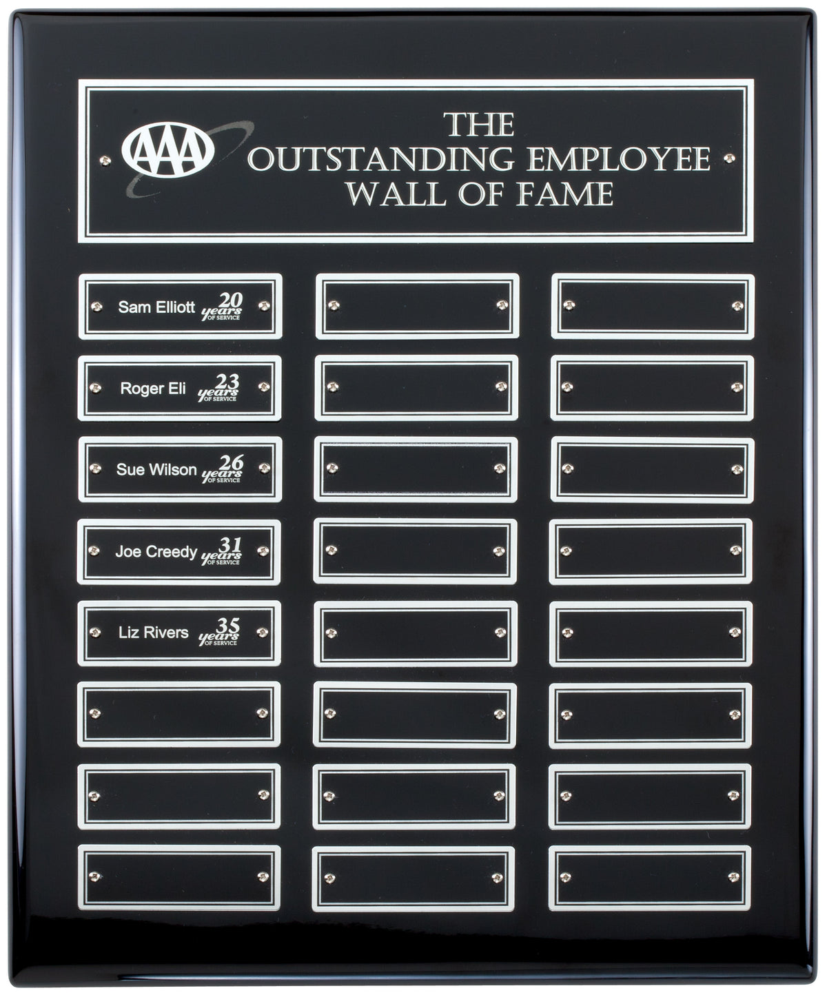 Ebony piano finish perpetual plaque with silver name plates – 12" x 15" (24 Plates)